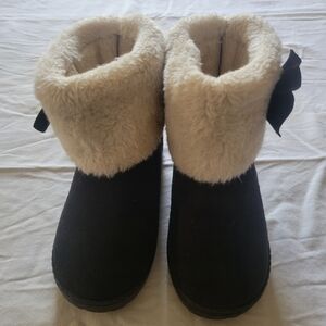 Toddler Snow Boots Black with Black Bowknot And cream Fur